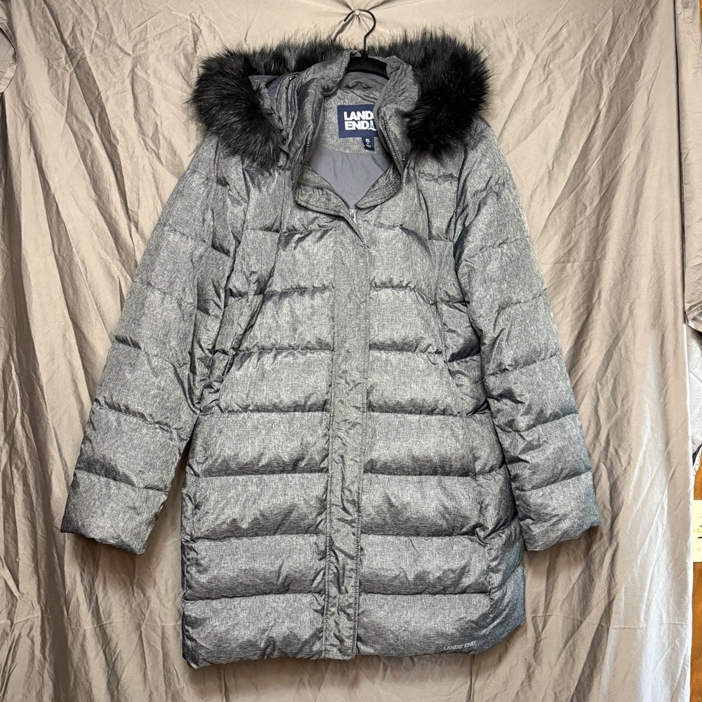 Lands' End Charcoal Puffer Jacket with Faux Fur Trim Women’s Size XL